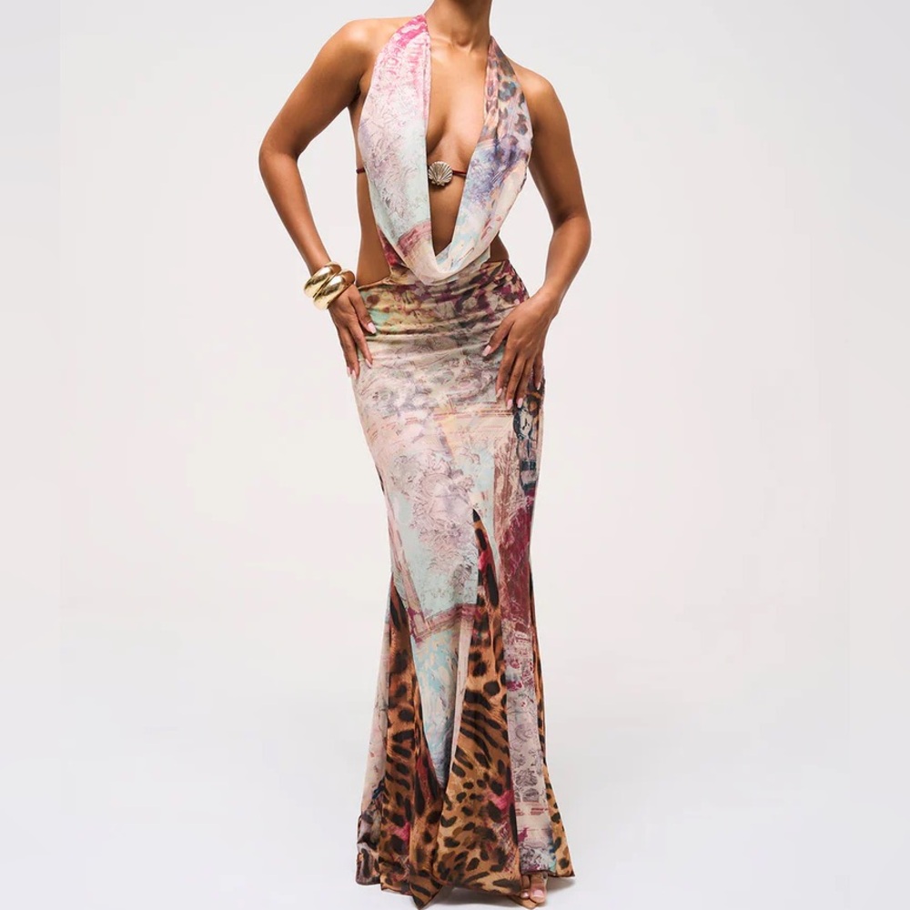 Animal print art work Multicolor Halter Maxi Dress
